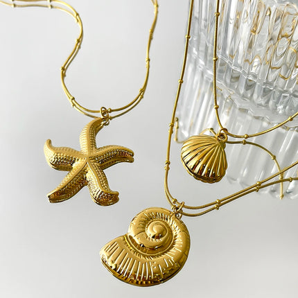 Peri'sbox Minimalist Starfish Stripe Conch Scallop Shaped Pendant Necklace for Women Waterproof Trend Jewelry Summer Beach Party