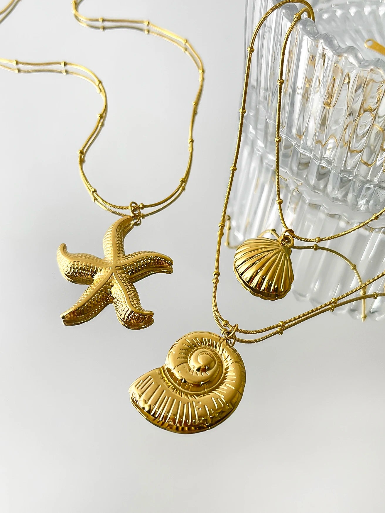 Peri'sbox Minimalist Starfish Stripe Conch Scallop Shaped Pendant Necklace for Women Waterproof Trend Jewelry Summer Beach Party