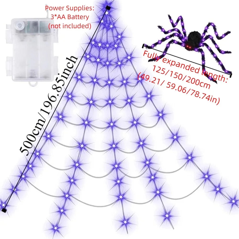 Practical 8 Modes Halloween Spider Web Lights Waterproof 250 LEDs LED Spider Net 5m Big Scary Giant Spider Party