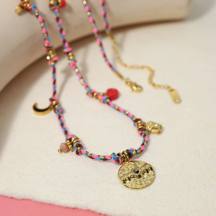 WILD & FREE Vintage Stainless Steel Charms Necklaces for Women Boho Pink Blue Rope Chains Bracelets Trendy Jewelry Sets