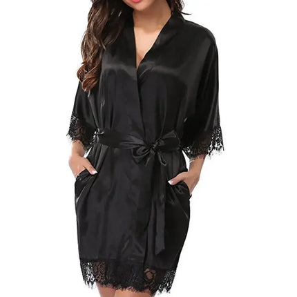 Womens V-Neck Ice Silk Sexy Lace Bathrobe Pajamas Large Size Female Soft and Comfortable Solid Color Sleepwear Bathrobe Pajamas