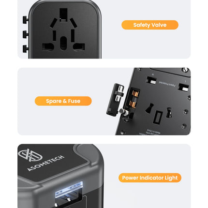ASOMETECH International Travel Adapter USB Charger 2 USB and 2 Type C Port All-in-one Wall Charger for US EU UK AUS Travel
