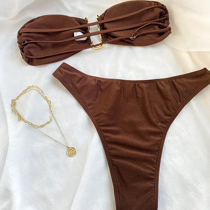 Solid Color Bikinis Push Up Swimwear Women Halter Bikini Set Shiny Swimsuit Push Up Bathing Suits Bandage Beachwear Thong