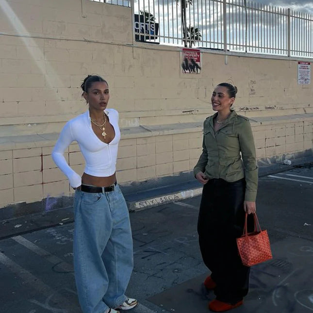 Huhugirl Summer Sexy Club Tees Zipper Tshirts Women Solid Tops Fashion Long Sleeveless V-Neck Streetwear Mini Slim Tops Blusas