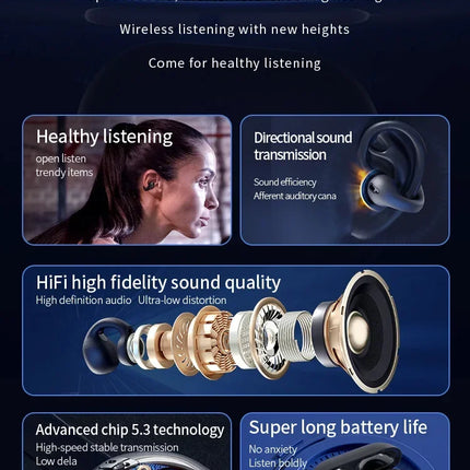 T75 Sport Bone-Conduction Bluetooth 5.3 Earphones HiFi Sound Wireless Headphones Earclip Waterproof Open Ear Headset Earring