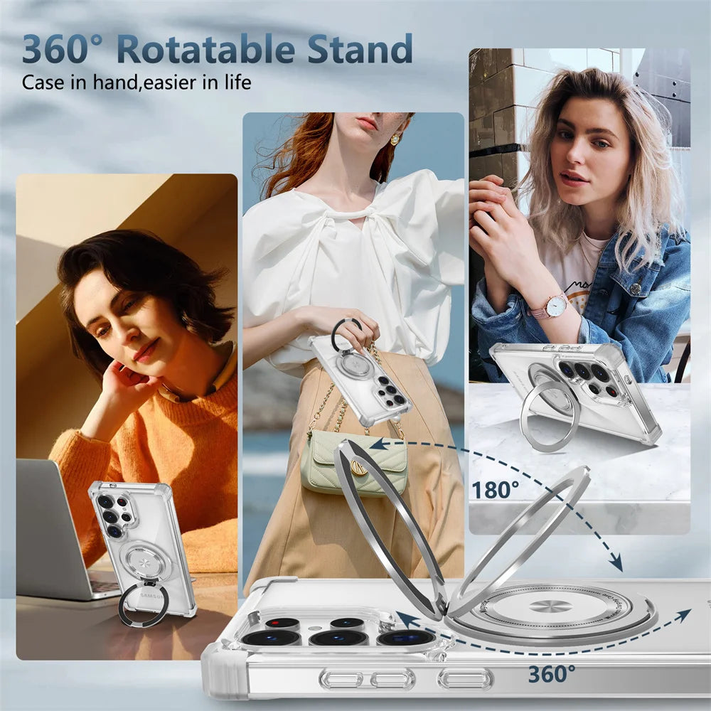 Rotating Magnetic Folding Stand Transparent Phone Case for Samsung S25 Edge S24 S23 Plus FE S21 Ultra Armor Shockproof Cover
