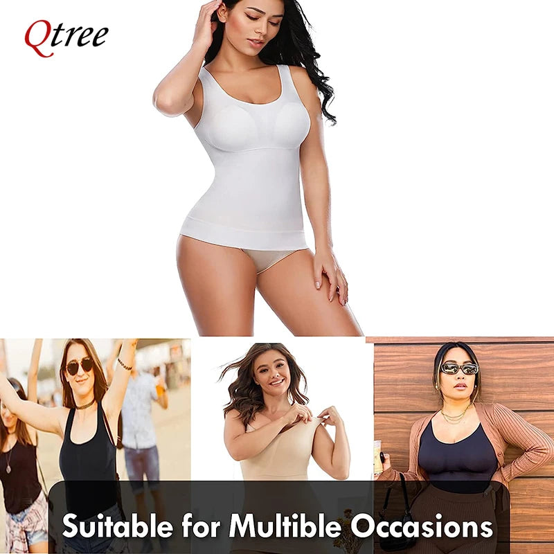 Qtree Women Tummy Control Shapewear Classic 2-IN-1 with Padded Bra High Elastic Strench Vest Body Shaper Slim Up Lift Corset
