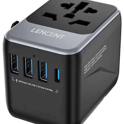 LENCENT Universal Travel Adapter with 3 USB Ports 1Type-C PD Charging All-in-one Travel Adapter EU/UK/USA/AUS Plug for Travel