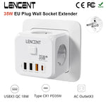 LENCENT EU Plug Power Strip Wall Socket with 3 AC+3 USB QC 18W +1 Type C PD 35W Fast Charger Adapter 7-in-1 Socket On/Off Switch