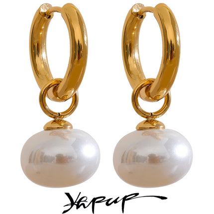 Yhpup High Quality Imitation Pearls Drop Stainless Steel Golden Korean Hoop Earrings Charms Fashion Jewelry Bijoux Femme Gift