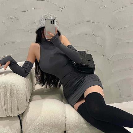 Summer Sexy High Neck Tight Dress Oversleeve Pleated Bottom Wrapped Hip Dress Women Bodycon