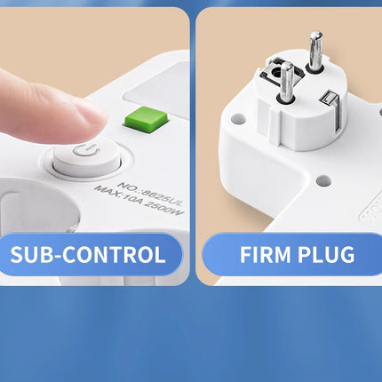 EU Plug Power Strip with 3 AC Outlets +2 USB Ports+ 1 Type C, 6-in-1 Plug Socket Adapter Wall Charger for Home Office