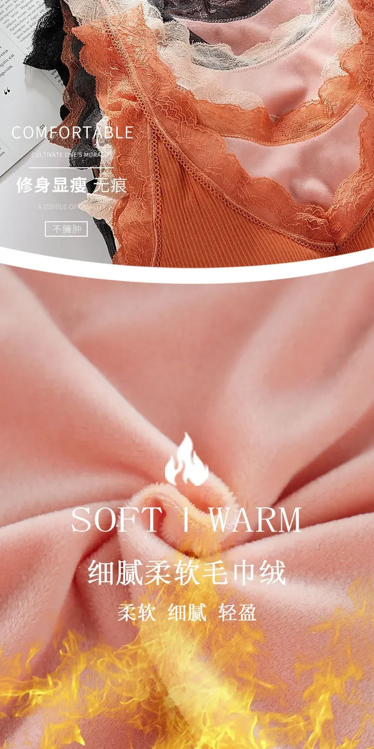 40-90 Kg Plus Size Thermal Underwear Female Velvet Lace V-neck Sexy Slim Warm Vest Camisole Cotton Tank Tops термобелье женское