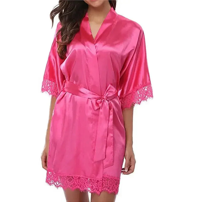 Womens V-Neck Ice Silk Sexy Lace Bathrobe Pajamas Large Size Female Soft and Comfortable Solid Color Sleepwear Bathrobe Pajamas