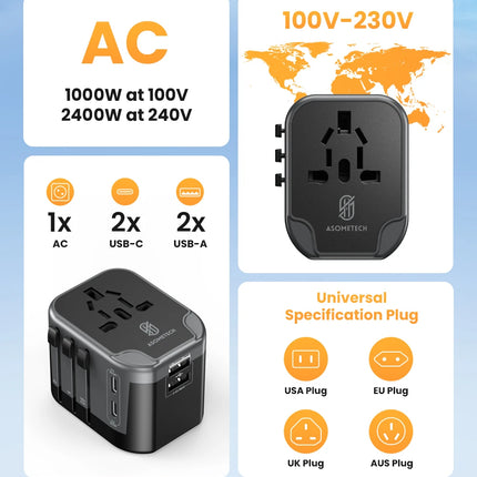 ASOMETECH International Travel Adapter USB Charger 2 USB and 2 Type C Port All-in-one Wall Charger for US EU UK AUS Travel