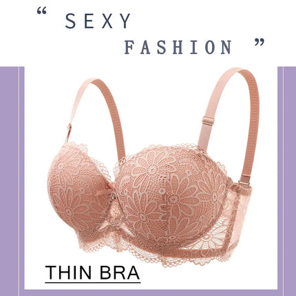 Lace Bra for Women Big Cup 1/2 Sexy Floral Underwire Underwear Ladies Push Up Thin Bra Half Cup 36-42C Black Gather Brassiere