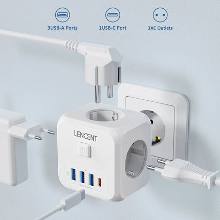 LENCENT Wall Socket Extender with 3 AC Outlets 3 USB Ports And1 Type C 7-in-1 EU Plug Charger On/Off Switch for Home