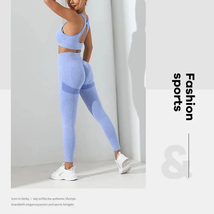 Yoga Basic 2pcs Seamless High Stretch Yoga Set Tracksuit Gym Set Crisscross Back Cami Hip-hugging Tummy Control Leggings