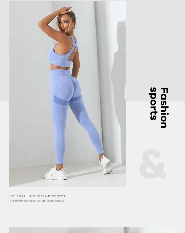 Yoga Basic 2pcs Seamless High Stretch Yoga Set Tracksuit Gym Set Crisscross Back Cami Hip-hugging Tummy Control Leggings
