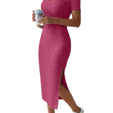 Summer Square Neck, Hip-Hugging Mid-Length Skirt, Short-Sleeved, Versatile Knitted Slit Dress