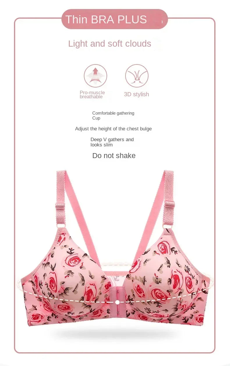 xgnvpy New front button rose print bra without underwire comfort women's push-up adjuster side breast bra cover