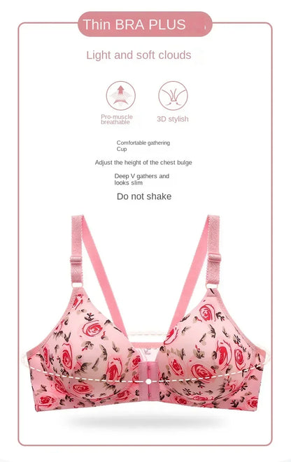 xgnvpy New front button rose print bra without underwire comfort women's push-up adjuster side breast bra cover