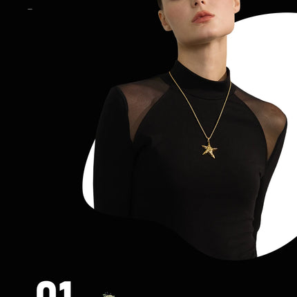 Yhpup 316L Stainless Steel Starfish Pendant Necklace Rust Proof Statement 18K Gold PVD Plated Individualistic Holiday Jewelry