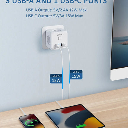 LENCENT Wall Socket Extender with 3 AC Outlets 3 USB Ports And1 Type C 7-in-1 EU Plug Charger On/Off Switch for Home