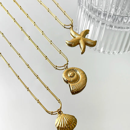 Peri'sbox Minimalist Starfish Stripe Conch Scallop Shaped Pendant Necklace for Women Waterproof Trend Jewelry Summer Beach Party
