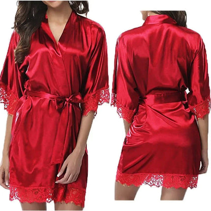 Womens V-Neck Ice Silk Sexy Lace Bathrobe Pajamas Large Size Female Soft and Comfortable Solid Color Sleepwear Bathrobe Pajamas