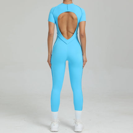 Women's One-Piece Suit Zipper Short Sleeve Gym Push Up Workout Clothes Fitness Short Bodysuit Sportswear Jumpsuits