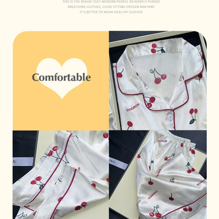 Cherries Print Two Pieces Pajamas Set Summer Faux Stain Pajamas Fashion Home Clothes Ladies Casual Shorts and Top Set Pijamas