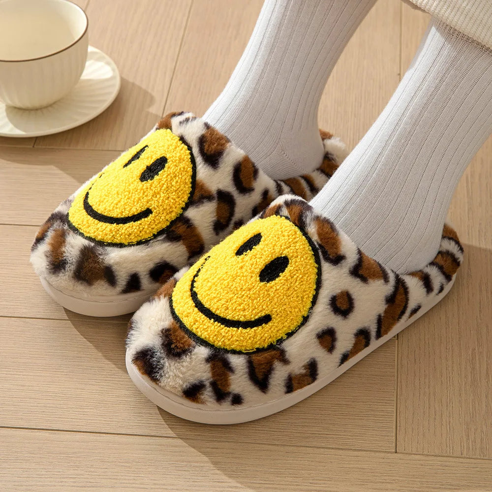 Leopard Fluffy Slippers for Home Smile Designer Platform Shoes Women 2024 Indoor Plush Sliders Warm Flats Chic Winter Footwear