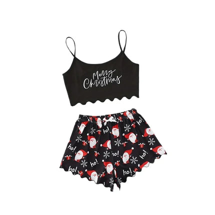 New Women's Christmas Pajama Set Thin Suspender Top with Santa Claus Printed Shorts Casual Homewear Suspender Shorts