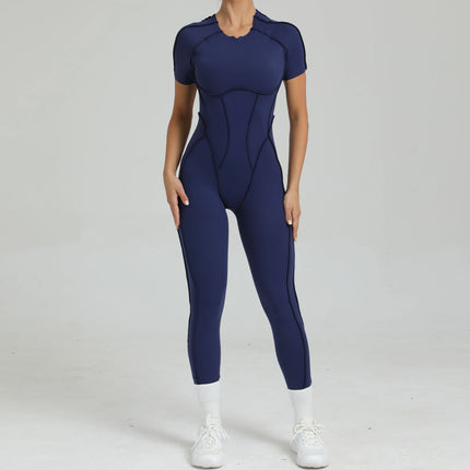 Women's One-Piece Suit Zipper Short Sleeve Gym Push Up Workout Clothes Fitness Short Bodysuit Sportswear Jumpsuits