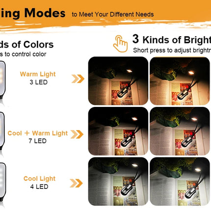 7 LED Book Light USB Rechargeable Reading Light 3-Level Warm Cool White Daylight Portable Flexible Easy Clip Night Reading Lamp