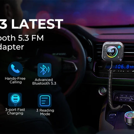 Joyroom Bluetooth 5.3 FM/AUX Bluetooth Car Charger Adapter Air Vent Installation 3 Ports PD&QC 3.0 FM Bluetooth Car Transmitter