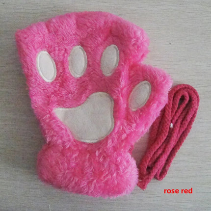 Cat Claw Gloves Winter Cute Cartoon Cat Girls Fingerless Gloves Thickened Velvet Bear Paw Half Finger Gloves
