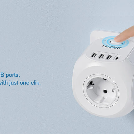 LENCENT EU Plug Wall Socket Extender with 4 AC Outlets+3 USB +1 Type C 5V/3A Charger Adapter 8-in-1 Socket On/Off Switch