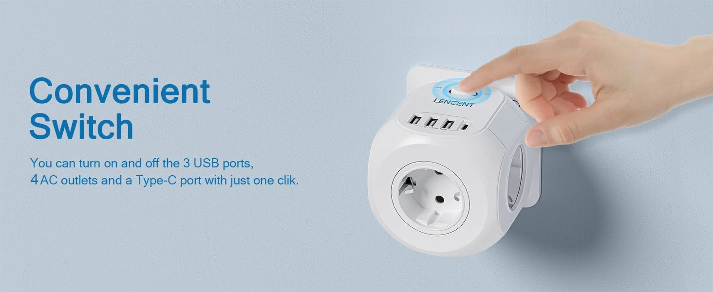 LENCENT EU Plug Wall Socket Extender with 4 AC Outlets+3 USB +1 Type C 5V/3A Charger Adapter 8-in-1 Socket On/Off Switch