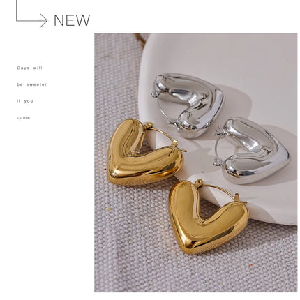 Yhpup Fat Fashion Stainless Steel Heart Chunky Hoop Earrings Charm Metal Texture Rust Proof Versatile Jewelry серьги тренд