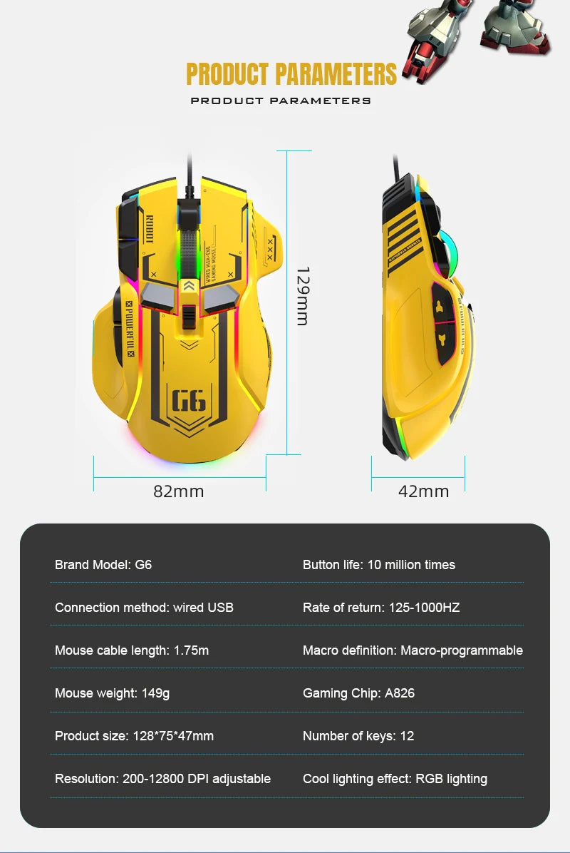 G6 Gaming Mouse Wired 128000DPI ChipA826 RGB Macro-programmable Ergonomic design superior for Gaming and Work