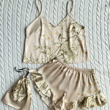 Elegant Floral Print Cami Tops   Ruffle Hem Shorts Pajama Set  Women's Sleepwear   Loungewear