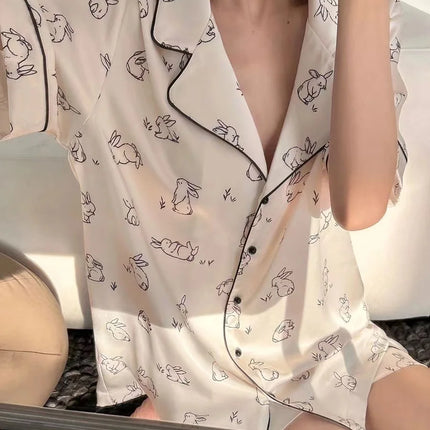 Cherries Print Two Pieces Pajamas Set Summer Faux Stain Pajamas Fashion Home Clothes Ladies Casual Shorts and Top Set Pijamas