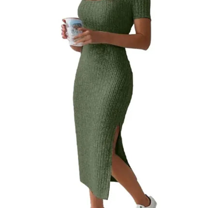Summer Square Neck, Hip-Hugging Mid-Length Skirt, Short-Sleeved, Versatile Knitted Slit Dress