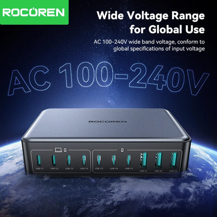 Rocoren 400W USB Type C Gan Charger Portable 10 in 1 Desktop Power Station Type-C Fast Charger For iPhone 16 Pro Max MacBook Air