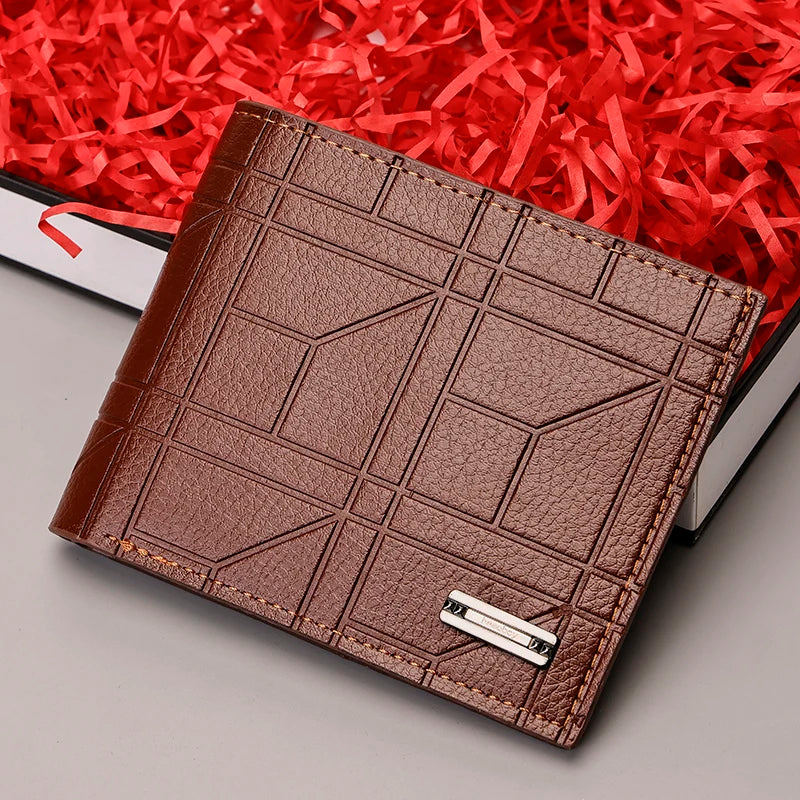 Men's Checkered PU Leather Wallet - Multi Card Slot, Business Style, Solid Color, Ideal Gift for Men