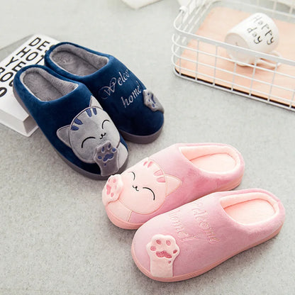Women Home Slippers Winter Cartoon Cat Slippers Anti Slip Soft Warm Plush Indoor House Slippers Bedroom Couples Floor Shoes