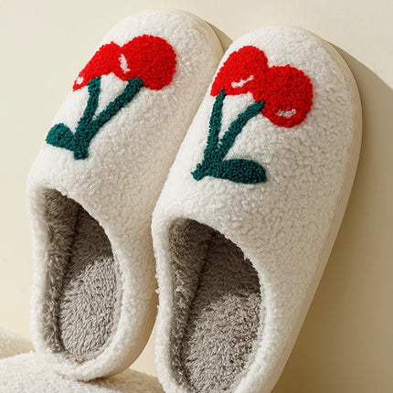 Super Cute Cherries Plush House Slippers for Women, Comfy Home Shoes, Flat Slip-on Slides, Platforms, Winter Slippers