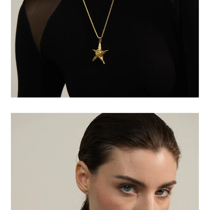 Yhpup 316L Stainless Steel Starfish Pendant Necklace Rust Proof Statement 18K Gold PVD Plated Individualistic Holiday Jewelry